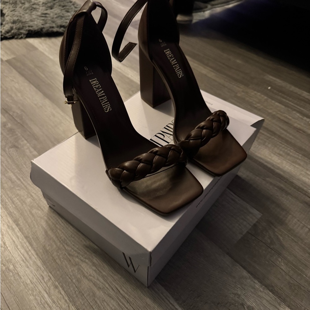 Women’s brown Braided Open Toe Ankle Strap High Block Chunky Heels